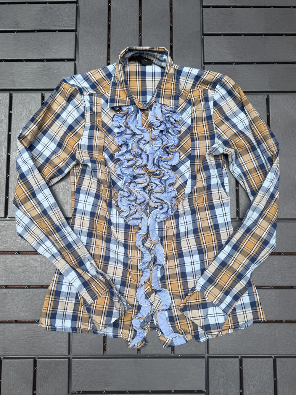 Roberta Biagi Made in Italy Plaid Academia Ruffle Button Up Shirt Blue Tan Cott